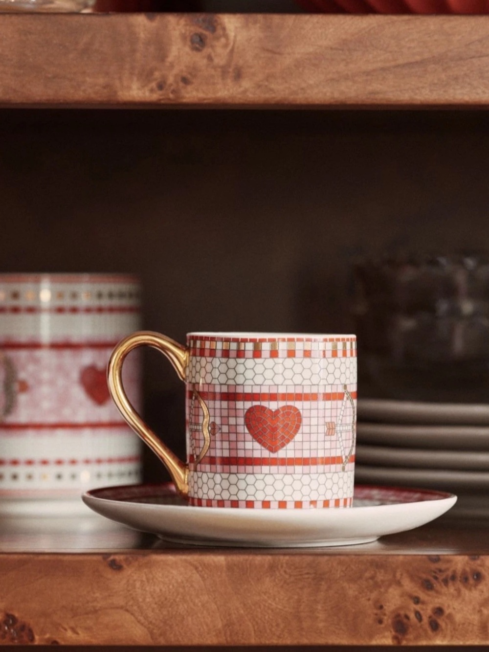 Anthropologie Bistro Tile Stoneware Espresso Cup & Saucer Valentine's Bow arrow
